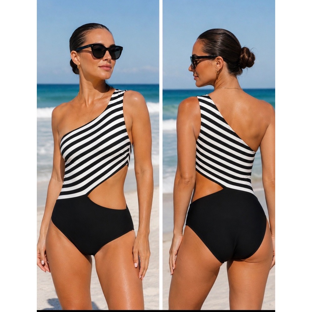 Michael Kors One Shoulder Monokini Striped Cutout Swimsuit Black White Size 4